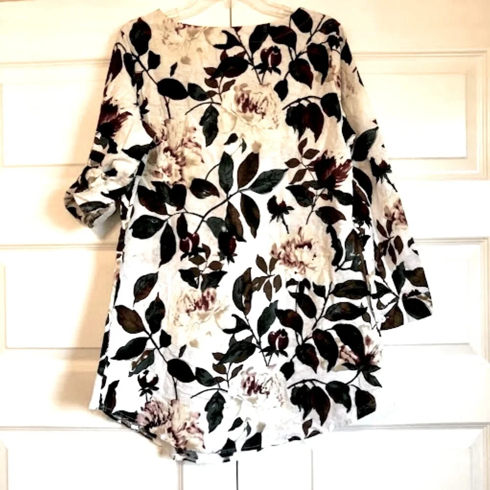 NWT CELLABIE FRANCE Peonies Print White Linen Texture Shift Dress Roll Sleeves L